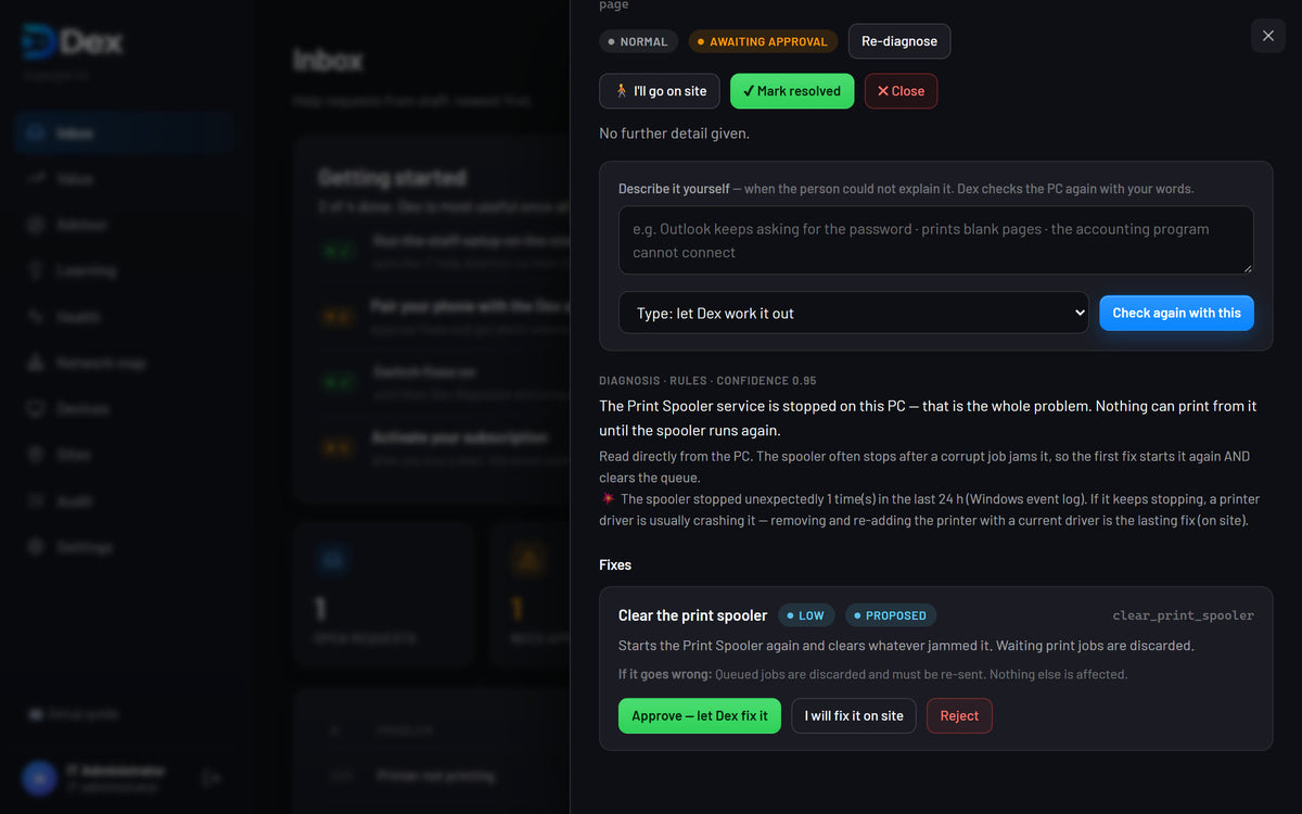 A help request in the Dex panel: the diagnosis and the fix waiting for approval