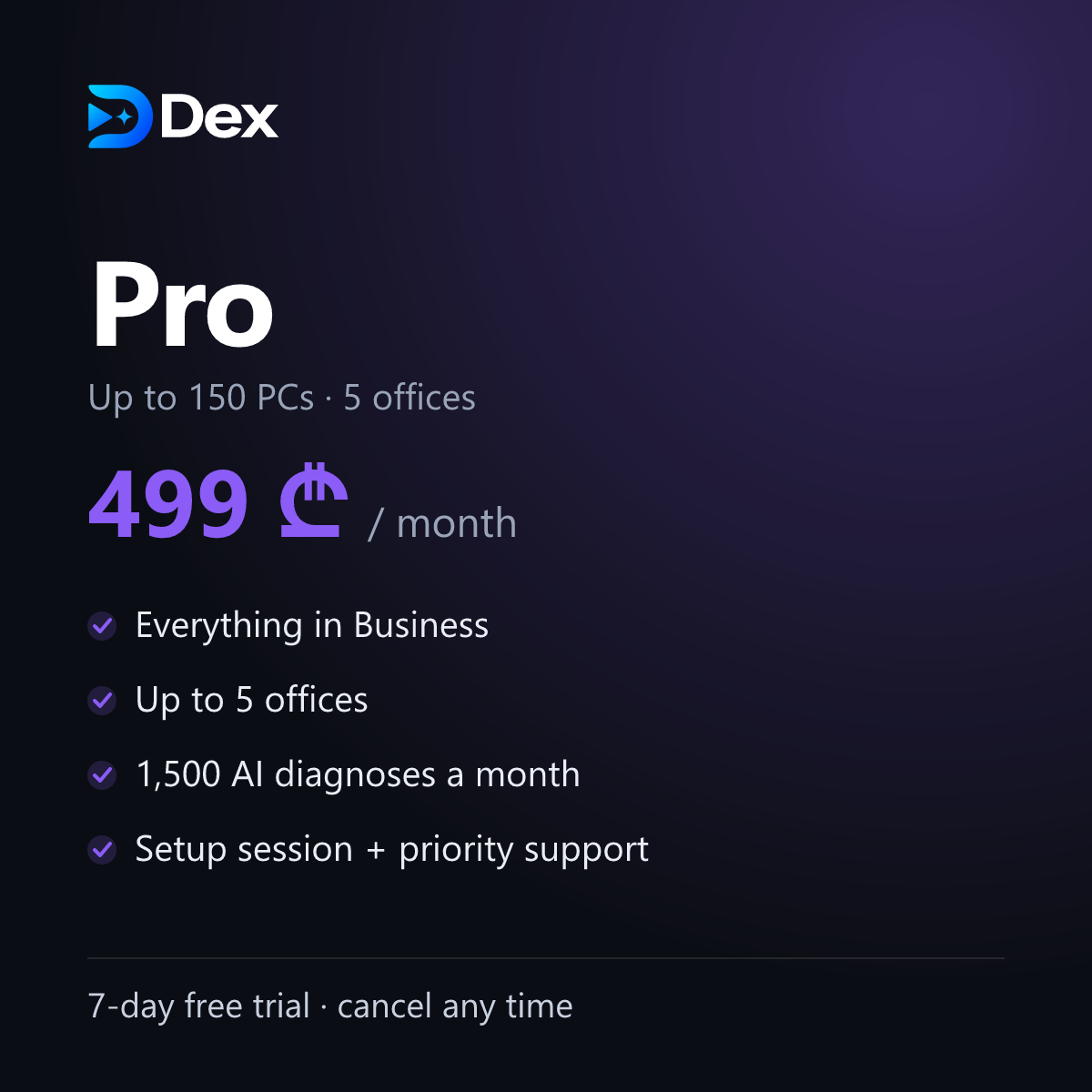 Dex Pro plan: 499 lari a month, up to 150 PCs and 5 offices